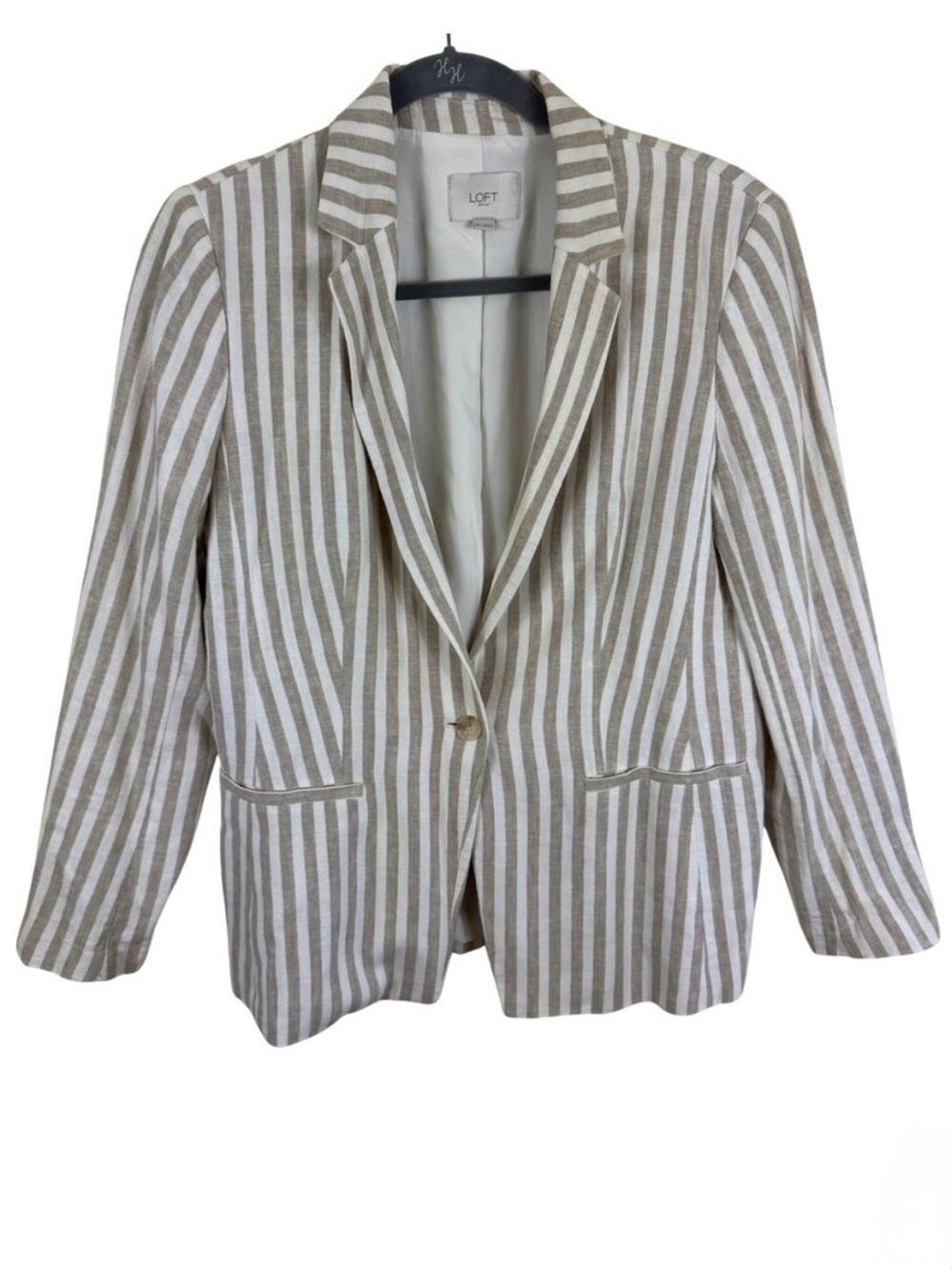 LOFT Tan White Striped Linen Blend Single Button Blazer Jacket Womens 6